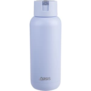 A drink bottle in light blue with a logo at the bottom. It features a secure lid and a sleek design.