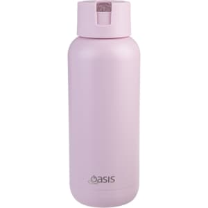 A drink bottle in pastel pink with a secure cap and a logo near the base.