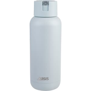 A drink bottle in light blue with a screw top lid and a logo on the front.