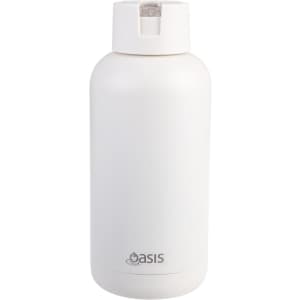 A drink bottle in white with a flip-top lid and a small branding logo near the base.