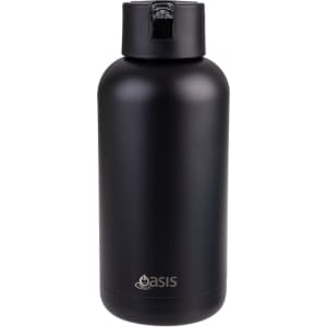 A drink bottle in matte black, featuring a top lid with a spout and a logo. Holds 1.5 litres.