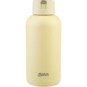A drink bottle in a pale yellow colour with a screw-top lid and a logo on the front.