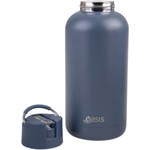 A drink bottle in matte dark blue with a silver top and a detachable lid featuring a handle.