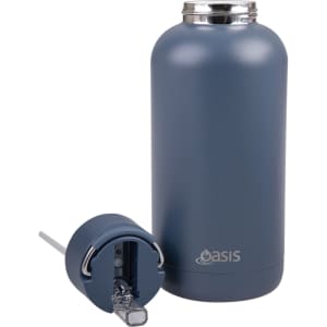 A drink bottle in navy blue with a silver lid and detachable spout. Features a logo on the body.