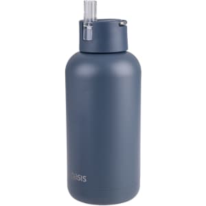 A drink bottle in matte navy blue with a straw lid and a logo on the front.