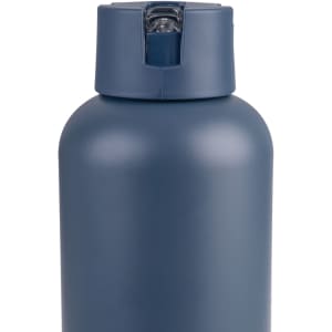 A drink bottle in a matte navy blue colour with a flip-top lid and a branding logo.