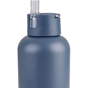 A drink bottle in navy blue with a clear spout and carry handle. It features a sleek, matte finish and branding.