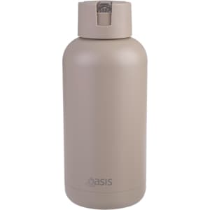 A drink bottle in a light beige colour with a secure cap and a logo on the side.