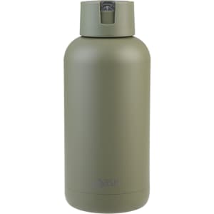 A drink bottle in matte olive green, featuring a secure lid and a small branding logo on the front.