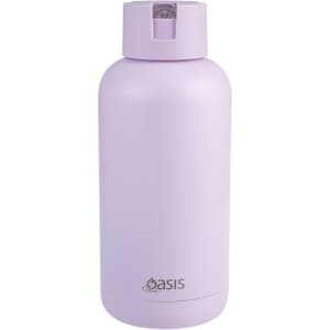 A drink bottle in a soft lavender colour with a rounded shape and a small spout. It features a branding logo.