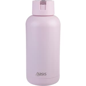 A drink bottle in a soft pink hue, featuring a flip-top lid and a simple logo on the side.