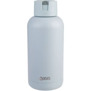 A drink bottle in light blue with a screw-on lid and a logo on the front, featuring a smooth, matte finish.