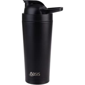 A drink bottle featuring a sleek black design, with a flip-top lid and a logo on the side.