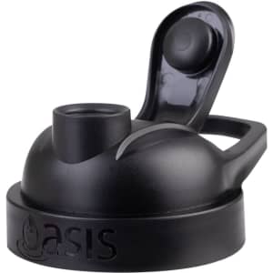 A drink bottle lid in black, featuring a flip-top spout and a handle, with a logo on the side.
