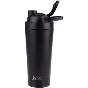 A drink bottle in matte black with a flip-top lid and a branding logo on the front.