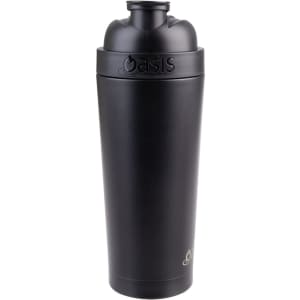 A drink bottle in matte black, featuring a screw-on lid and a logo. Ideal for protein shakes or beverages.