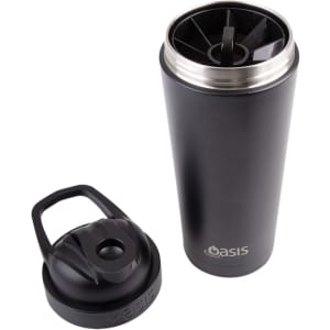 A drink bottle in matte black finish with a removable lid, featuring a built-in mixing mechanism and a logo.