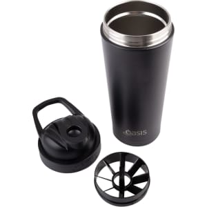 A drink bottle featuring a black exterior, a removable lid, and a blending insert, with a logo displayed.