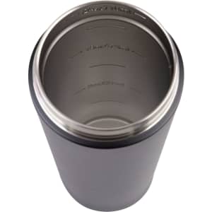 A drink bottle with a sleek black exterior and a stainless steel interior, featuring measurement markings inside.