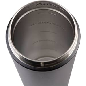 A drink bottle with a stainless steel interior and a matte black exterior, featuring measurement markings inside.