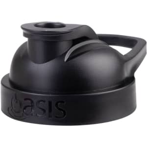 A drink bottle cap in black with a handle and a logo. Designed for a protein shaker.