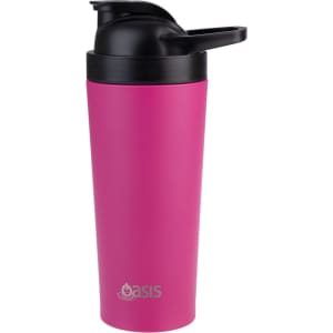 A drink bottle in vibrant pink with a black lid and a logo, designed for vacuum insulation.