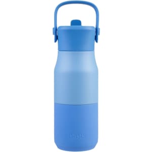 A drink bottle in shades of blue, with a handle and a screw-on lid. It features a logo on the front.