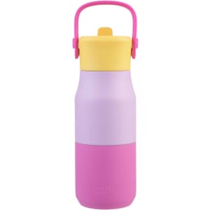 A drink bottle in purple, pink, and yellow, featuring a handle and a logo on the front.