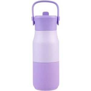 A drink bottle in shades of lavender with a handle and a logo, featuring an insulated design.