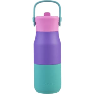 A drink bottle featuring a purple body, pink lid, and aqua base, with a handle and a logo.
