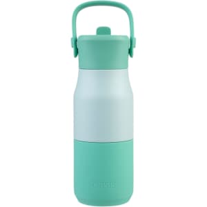 A drink bottle in mint green, featuring a two-tone design and a carry handle, with a logo on the base.