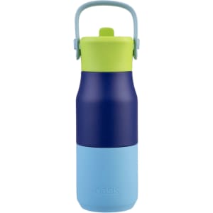 A drink bottle with a navy blue, light blue, and lime green design. It features a handle and a logo.