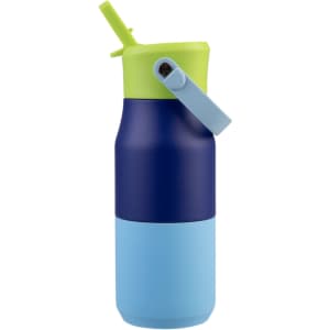 A drink bottle featuring a blue, navy, and green insulated design with a straw lid and a logo.