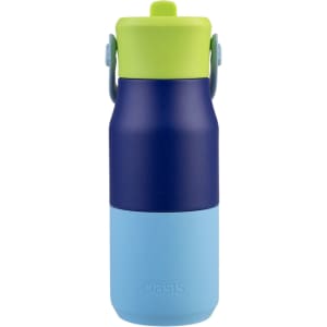 A drink bottle featuring a two-tone design in navy blue and light blue, topped with a bright green lid and a carrying handle.