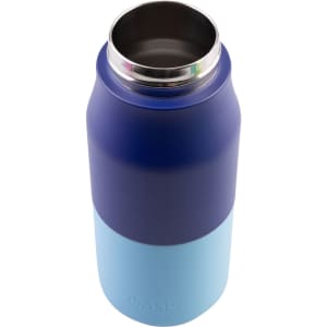 A drink bottle featuring a two-tone design with a navy upper and light blue lower section, complete with a logo.