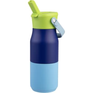 A drink bottle in navy blue, light blue, and green with a straw and a carry handle. Features a logo.