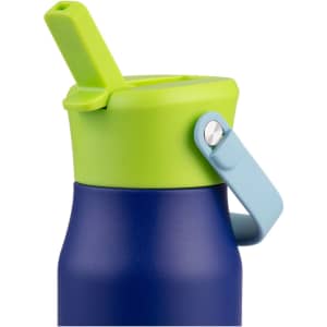 A drink bottle with a navy blue body, green lid, and light blue handle, featuring a straw attachment.