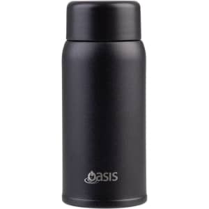 A drink bottle in matte black, featuring a rounded design and a logo on the front.