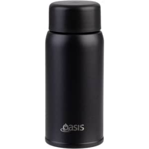 A drink bottle in matte black with a cylindrical design and a screw-on lid, featuring a logo.