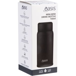 A drink bottle in black with a stainless steel finish, featuring a logo and packaged in a cardboard box.