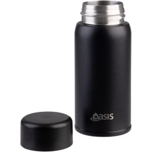 A drink bottle in matte black with a stainless steel interior and removable lid, featuring a logo.