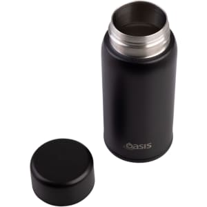 A drink bottle in matte black finish, featuring a silver stainless steel interior and a screw-on lid. It has a logo.