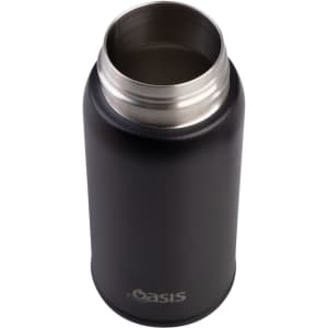 A drink bottle in black with a stainless steel opening, featuring a logo on the side.