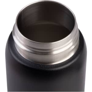 A drink bottle featuring a matte black finish with a stainless steel opening. It has a logo on the side.