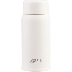 A drink bottle in white with a matching lid, featuring a logo at the bottom.