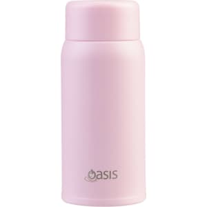 A drink bottle in light pink with a sleek design, featuring a logo on the front.