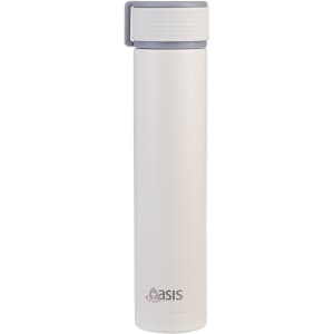 A drink bottle in white with a grey lid and a logo. It features an insulated, slim design for easy handling.