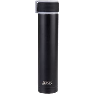 A drink bottle in a sleek black finish with a grey cap and a small logo on the bottom.