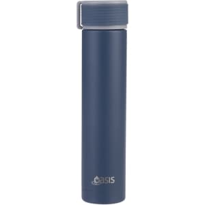 A drink bottle in navy blue with a grey lid and a small logo on the front.
