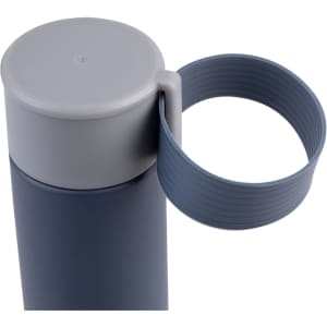 A drink bottle featuring a sleek, dark blue design with a grey lid and a grey carrying handle.